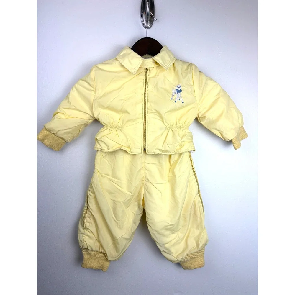 Sno-Veralls Snowsuit Baby 6-12M Yellow Vintage Lamb Embroidery Quilted Puffy